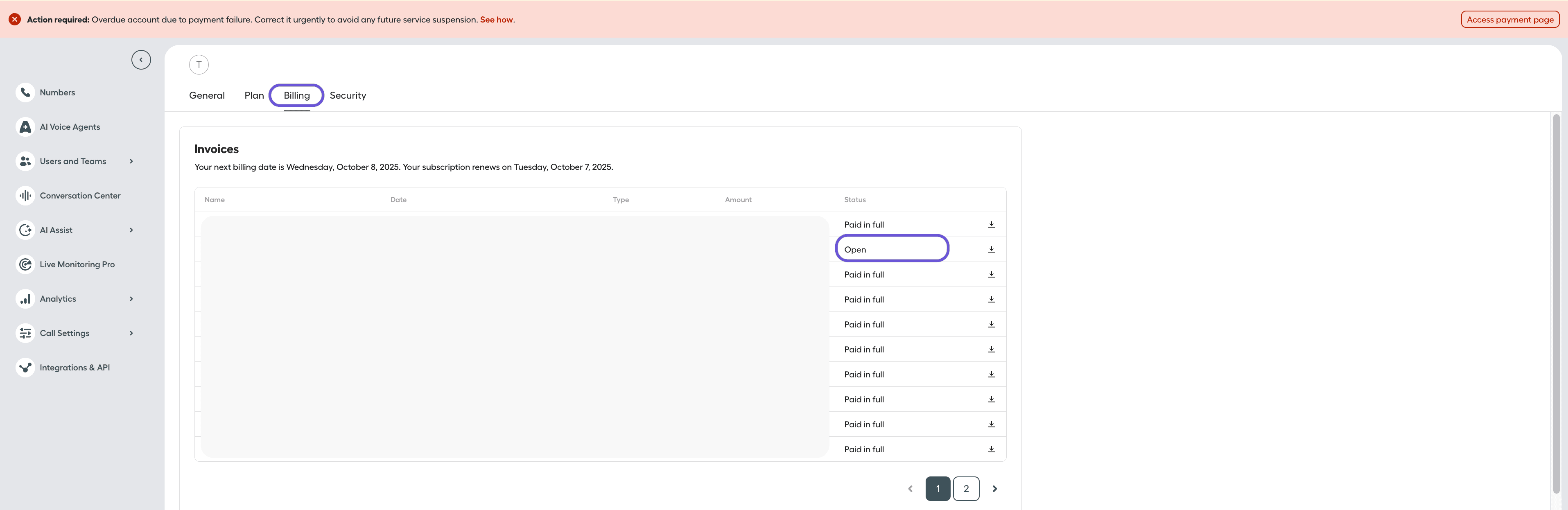 Aircall Dashboard Billing section where a customer can find the status of their payment.There is a red banner of overpayment.png.png
