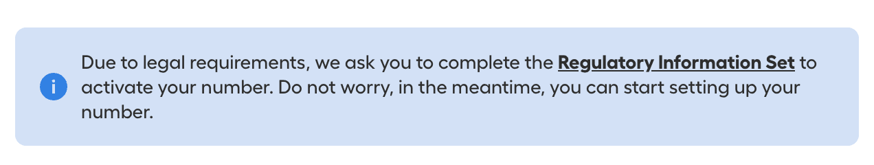 Aircall message prompting users to complete the Regulatory Information Set to activate their number.