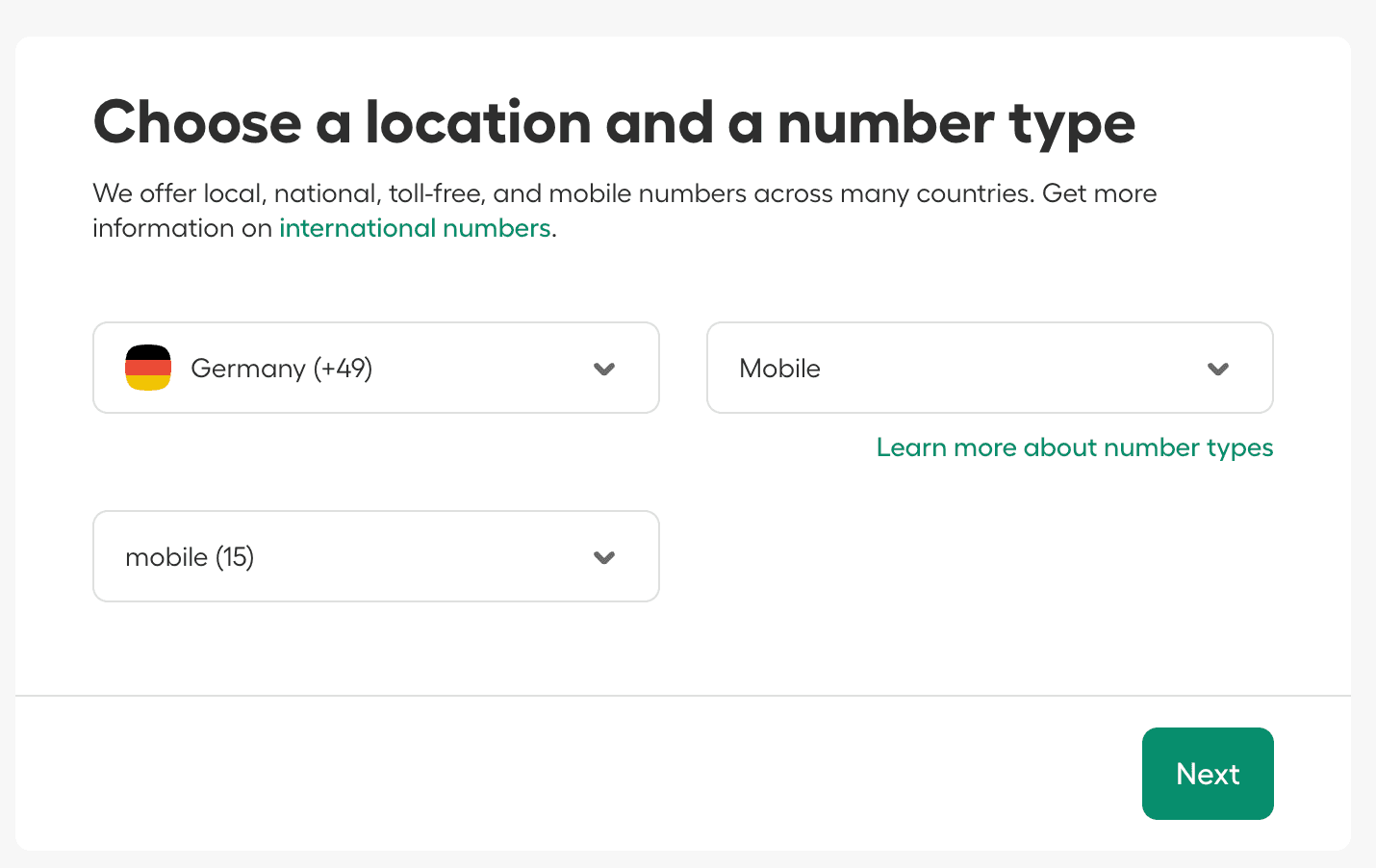 Aircall Dashboard: number purchasing menu showing options to choose country, number type, and prefix