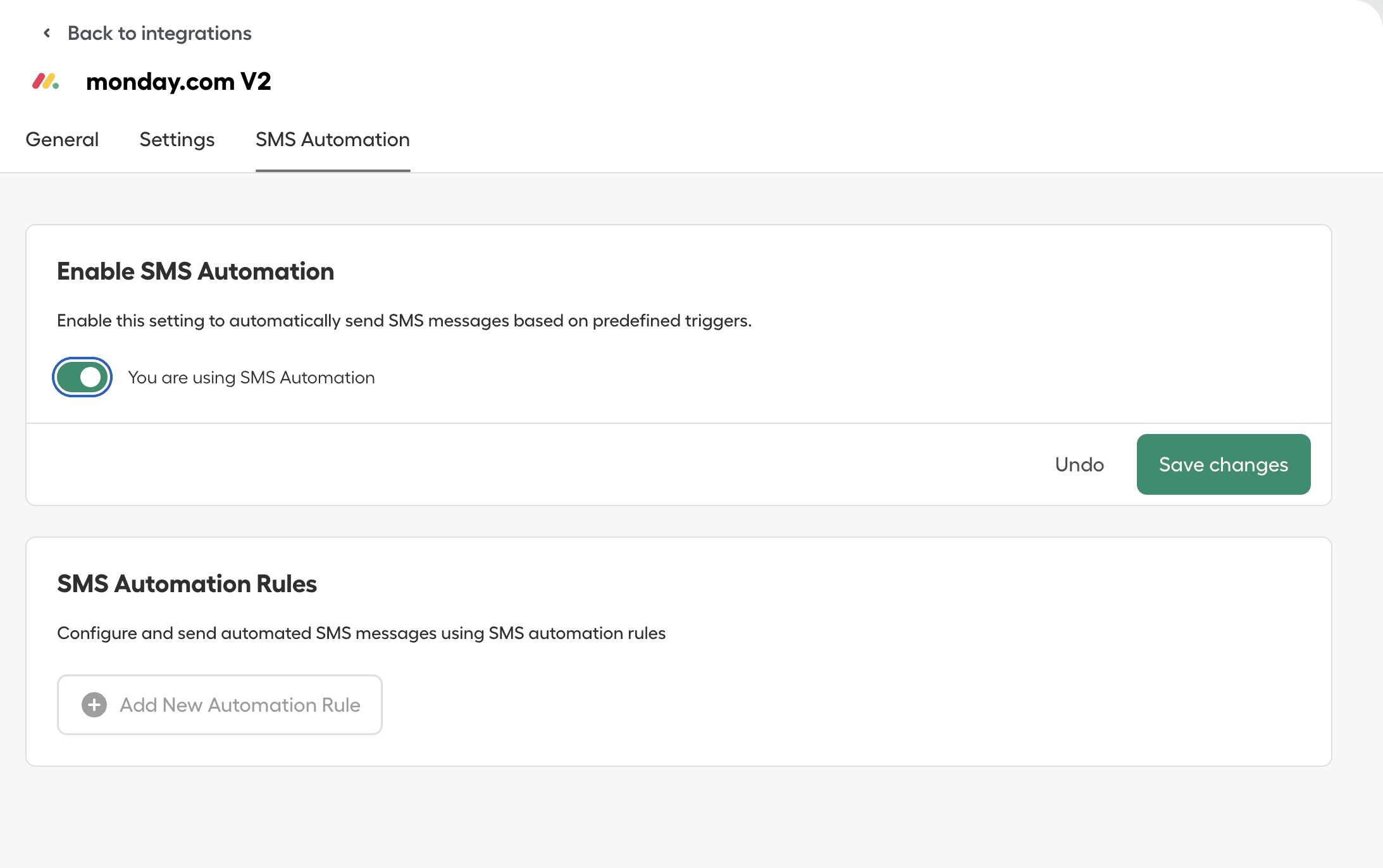 monday.com V2 SMS Automation settings with automation enabled and options to undo or save changes..png
