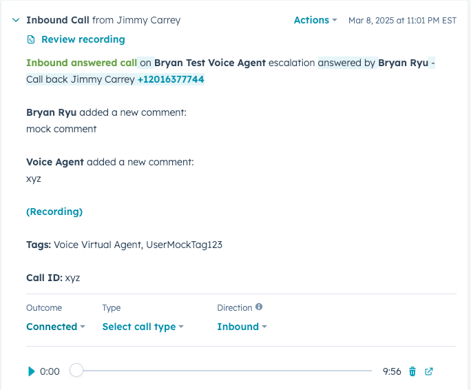 CRM call log showing an inbound call answered by Bryan Ryu on a test voice agent, with comments, tags, and recording details..png