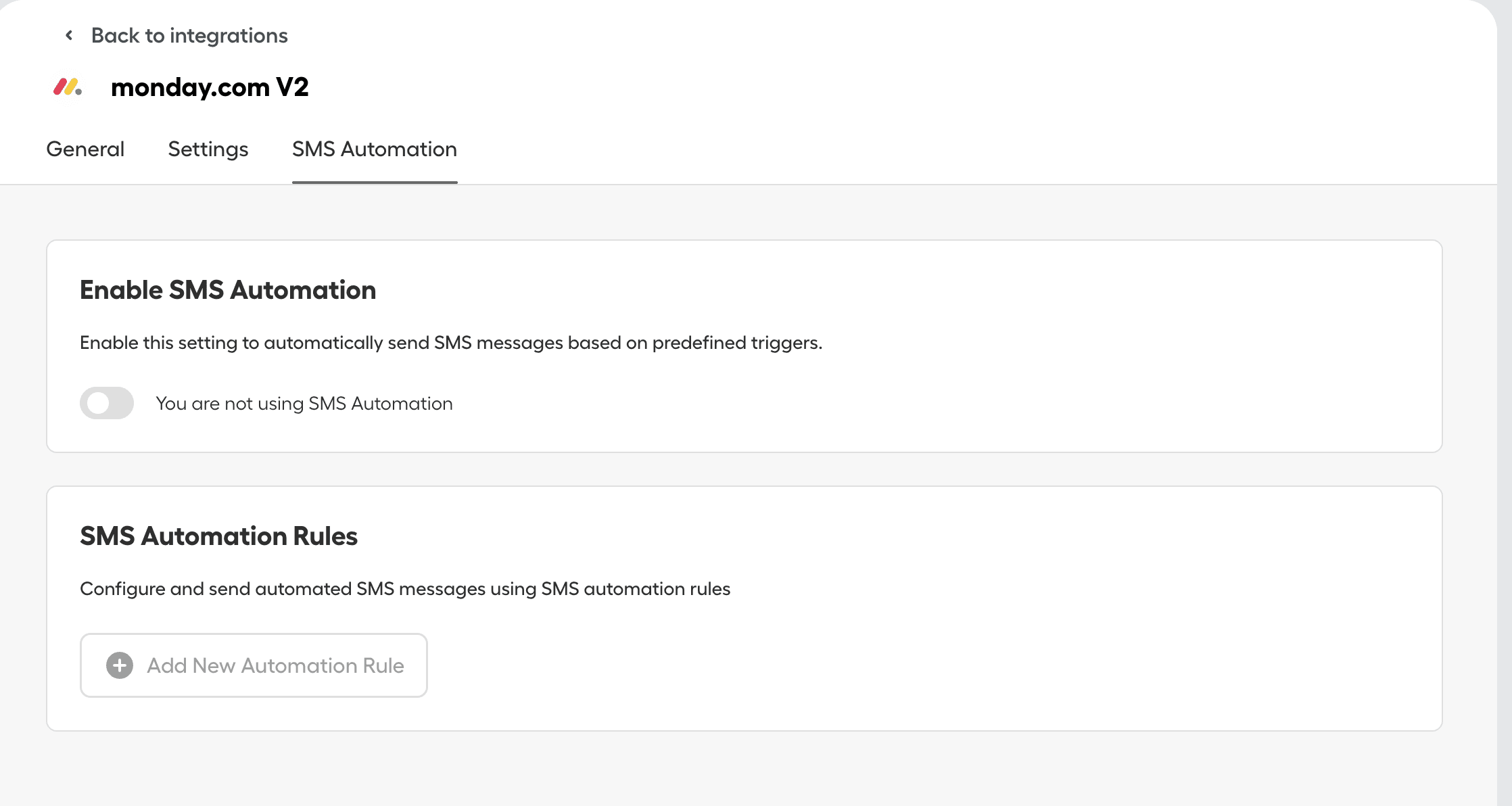 monday.com V2 integration page showing SMS Automation settings with options to enable automation and add rules.png