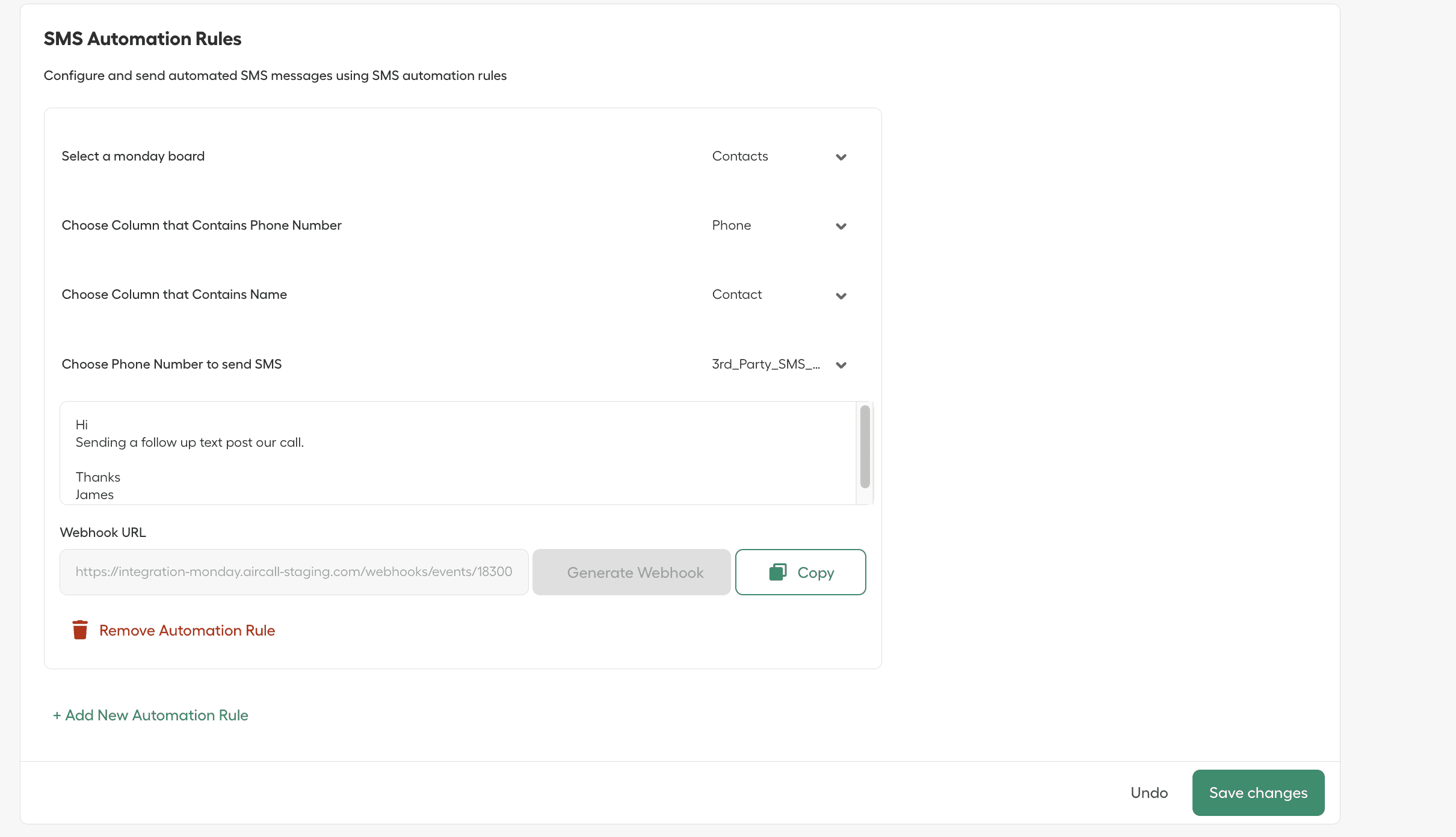 monday.com SMS Automation Rules setup showing selected board, phone and name columns, message text, and webhook URL..png