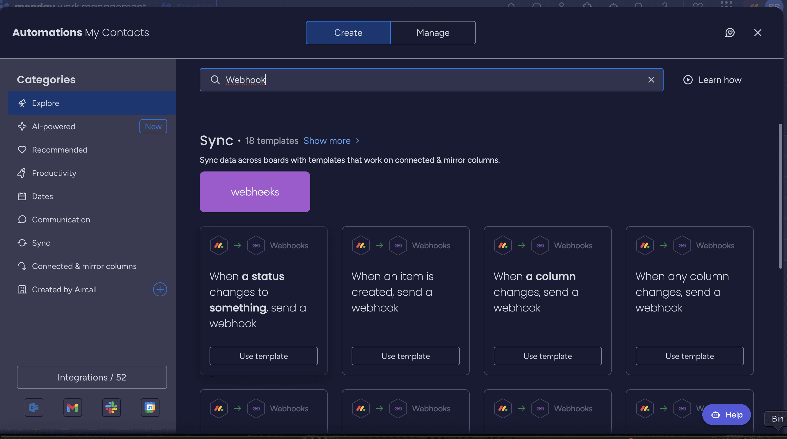 monday.com Automations page showing webhook templates for syncing data, with options to send webhooks on status or item changes..png