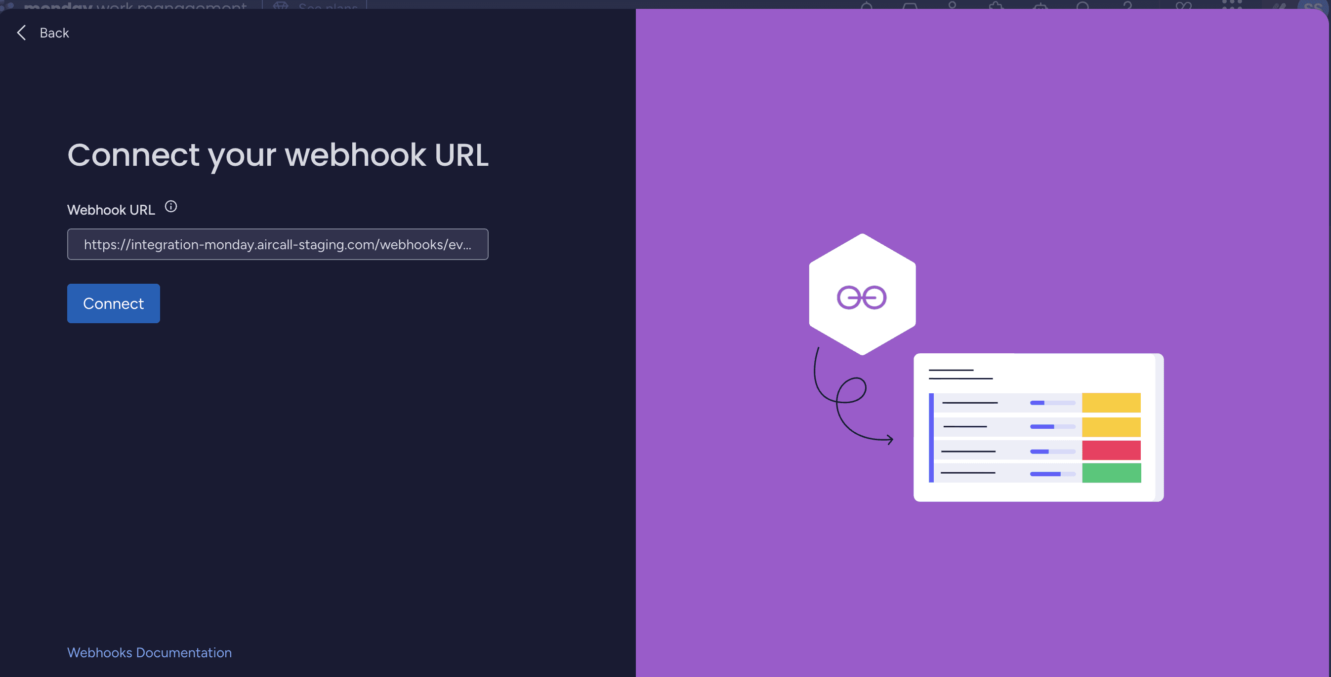 monday.com screen prompting to connect a webhook URL with a Connect button and illustration of data integration..png
