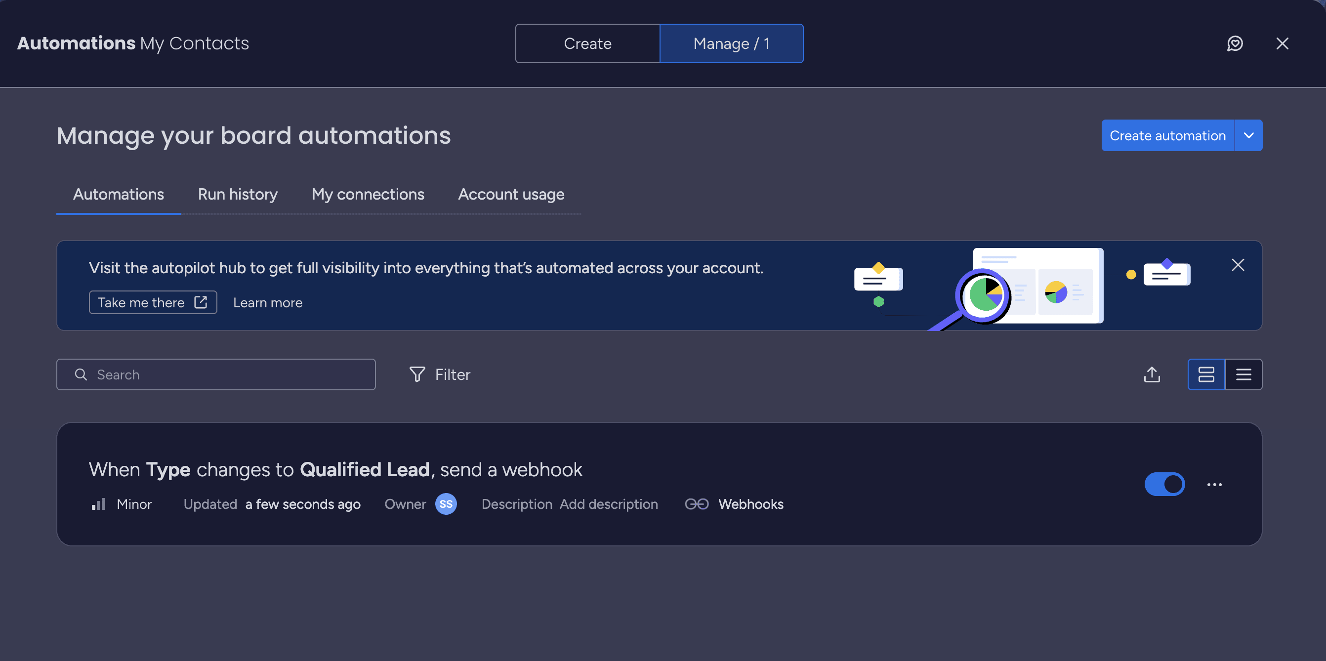 monday.com Automations dashboard showing an active rule: “When Type changes to Qualified Lead, send a webhook.”.png