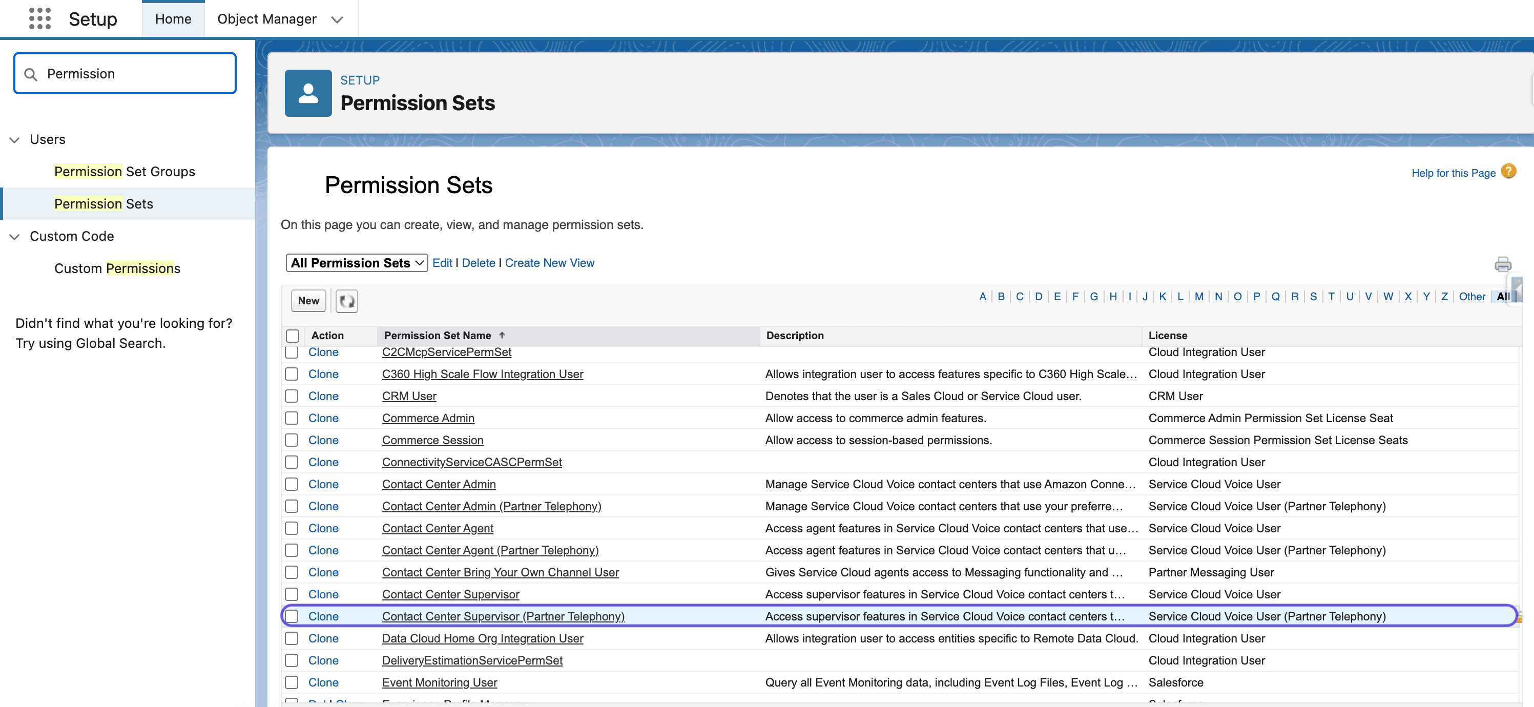 Here’s a concise Zendesk-style alt text for this image:  **Short alt text:** Salesforce Setup page showing the list of Permission Sets, highlighting “Contact Center Supervisor (Partner Telephony)” entry..png