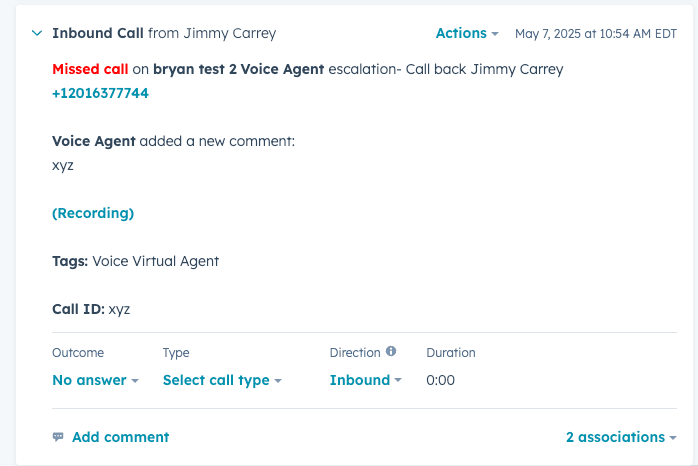CRM call log showing a missed inbound call on Bryan Test 2 Voice Agent with call details, comment, and recording link..png