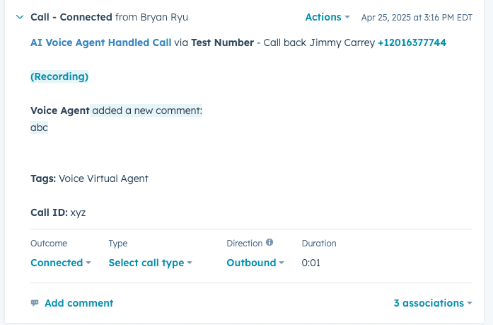 CRM call log showing a connected outbound call handled by AI Voice Agent with a comment added and call details displayed..png