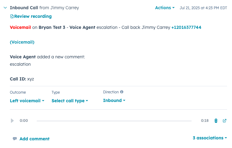 CRM call log showing an inbound voicemail on Bryan Test 3 Voice Agent with escalation note, recording, and call details..png
