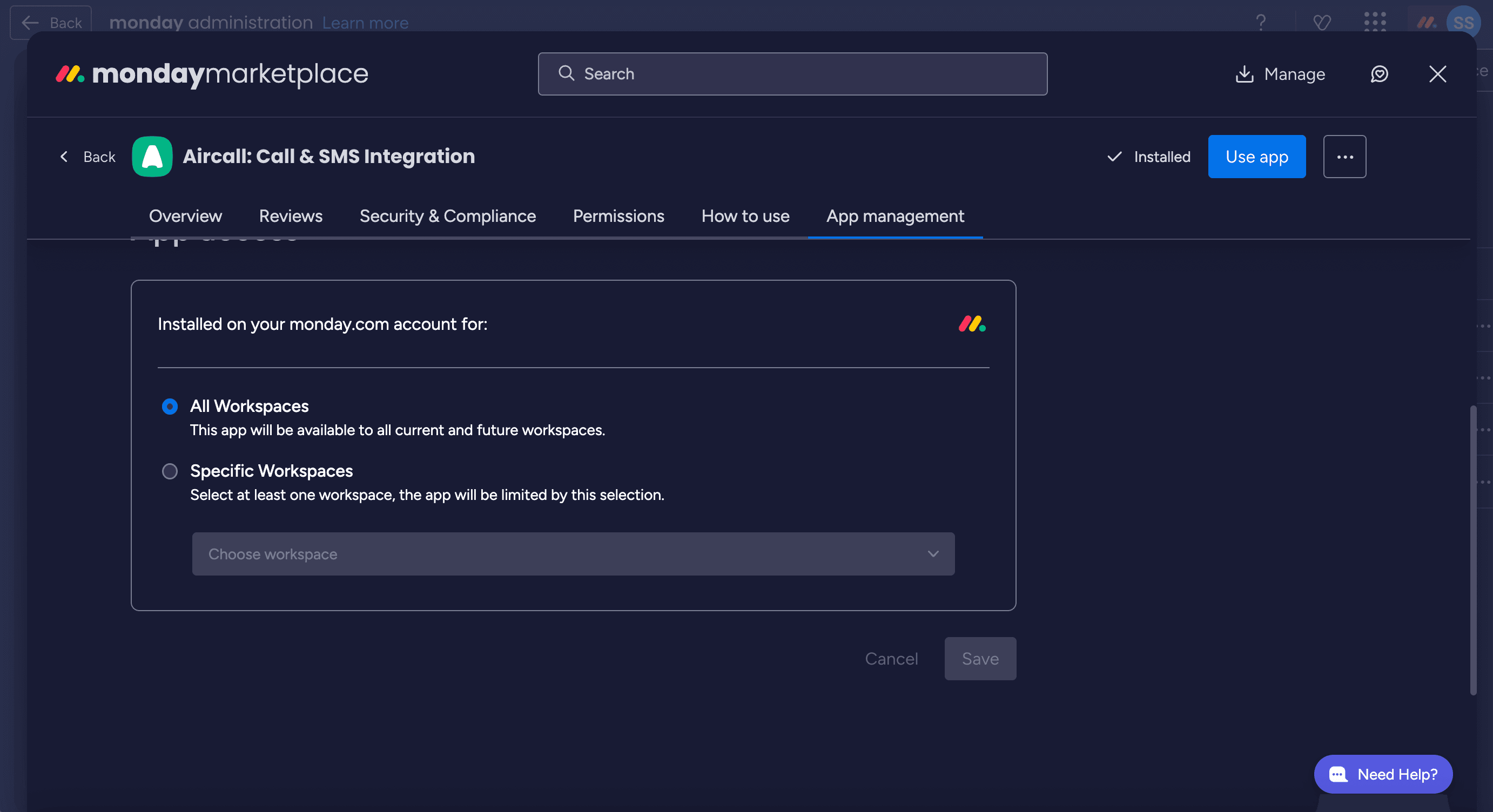 monday.com marketplace page for the Aircall: Call & SMS Integration app showing workspace installation options for all or specific workspaces..png