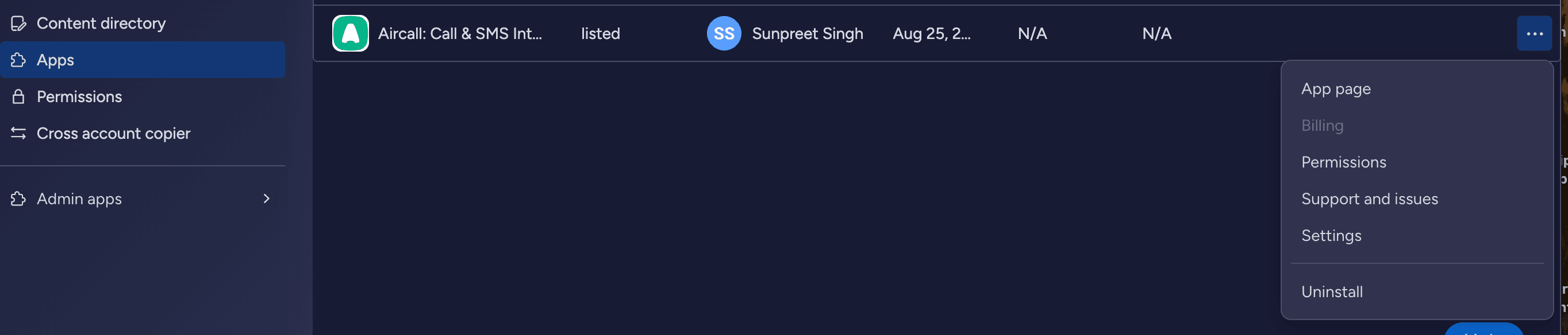 Admin dashboard showing the Aircall: Call & SMS Integration app listed with settings menu open displaying options like Permissions and Uninstall..png