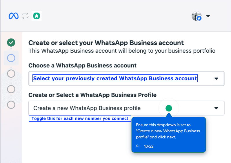Facebook for Business setup screen prompting to select an existing WhatsApp Business account and create a new business profile, with guidance tooltip..png