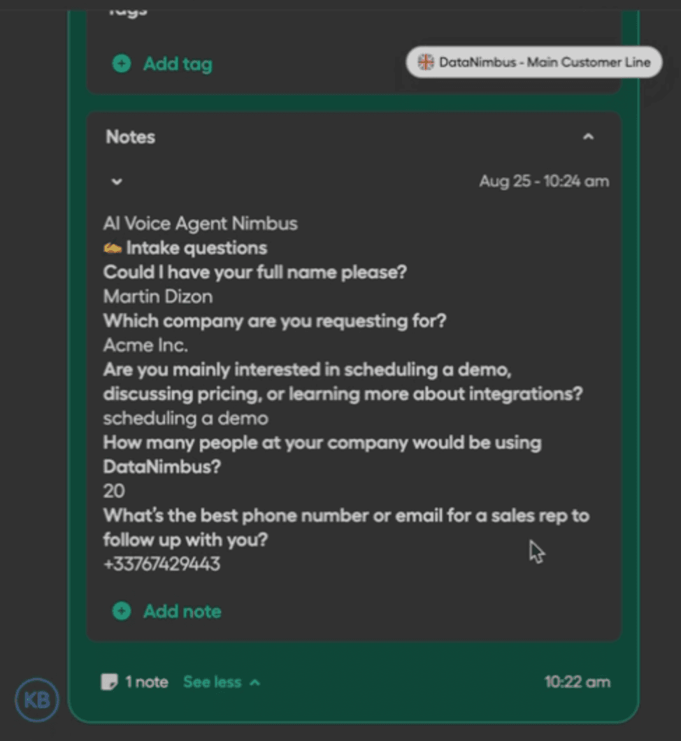 CRM notes panel showing an AI Voice Agent Nimbus intake form with customer details, company info, and demo interest questions..png