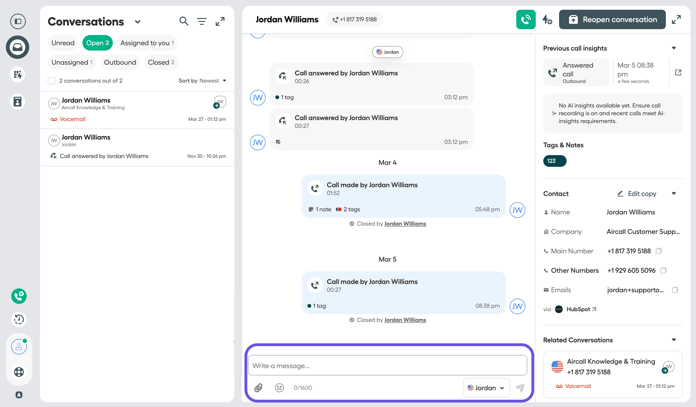 The Aircall Conversations dashboard displays ongoing and past calls with Jordan Williams. On the right, detailed call logs are shown, including call durations and timestamps. The chat input field at the bottom allows typing a new message. The “Reopen conversation” button is available in the top-right corner..png