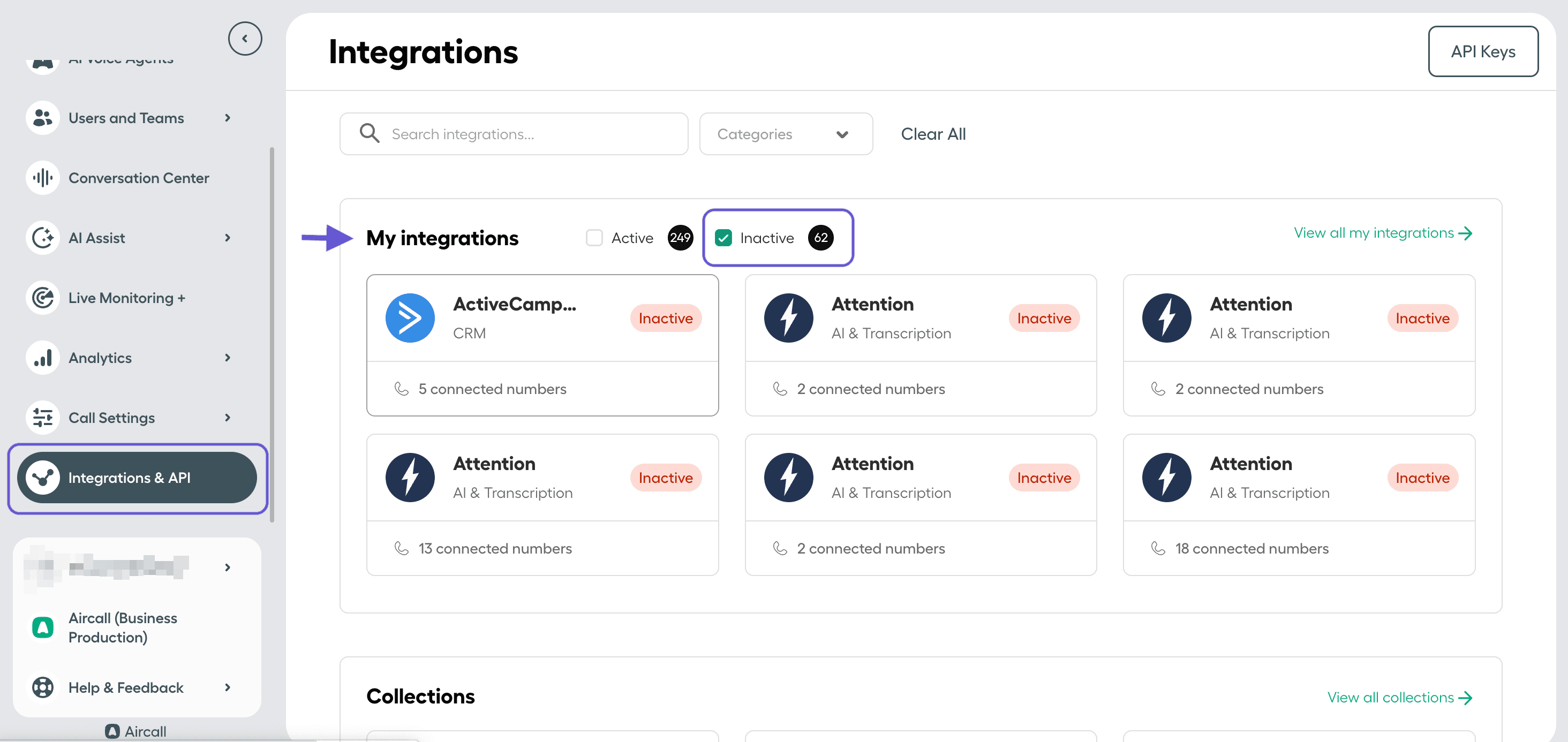 Aircall dashboard > Integrations & API page showing ‘My integrations’ with the Inactive filter checked