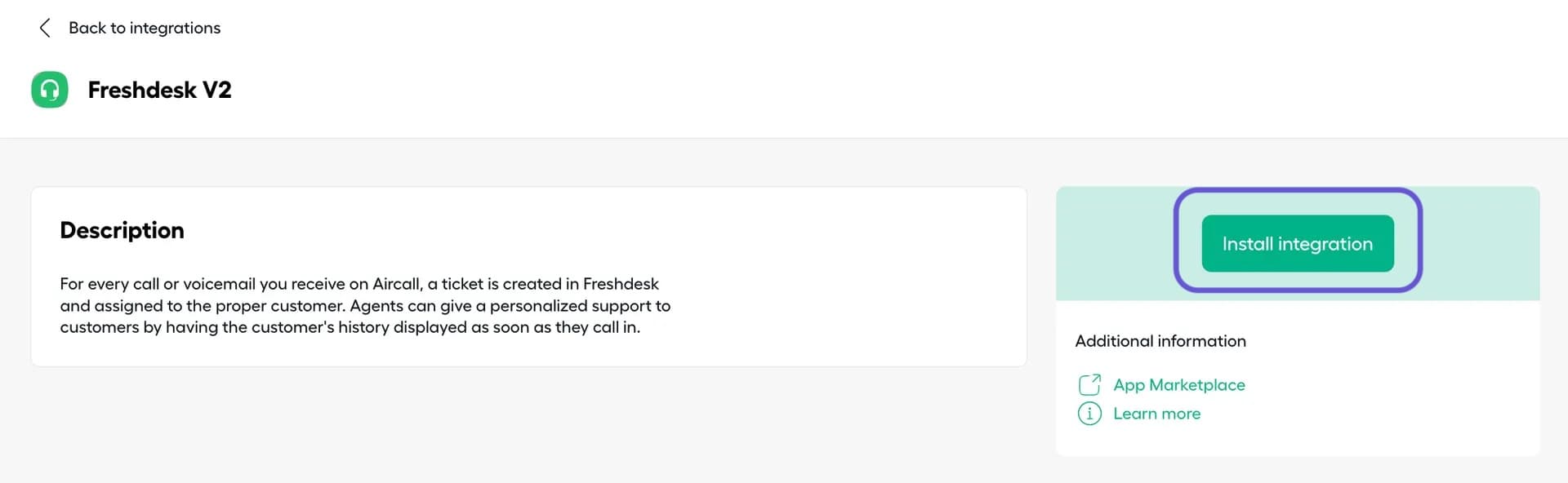 Aircall Freshdesk V2 integration page showing a description and the Install integration button on the right.