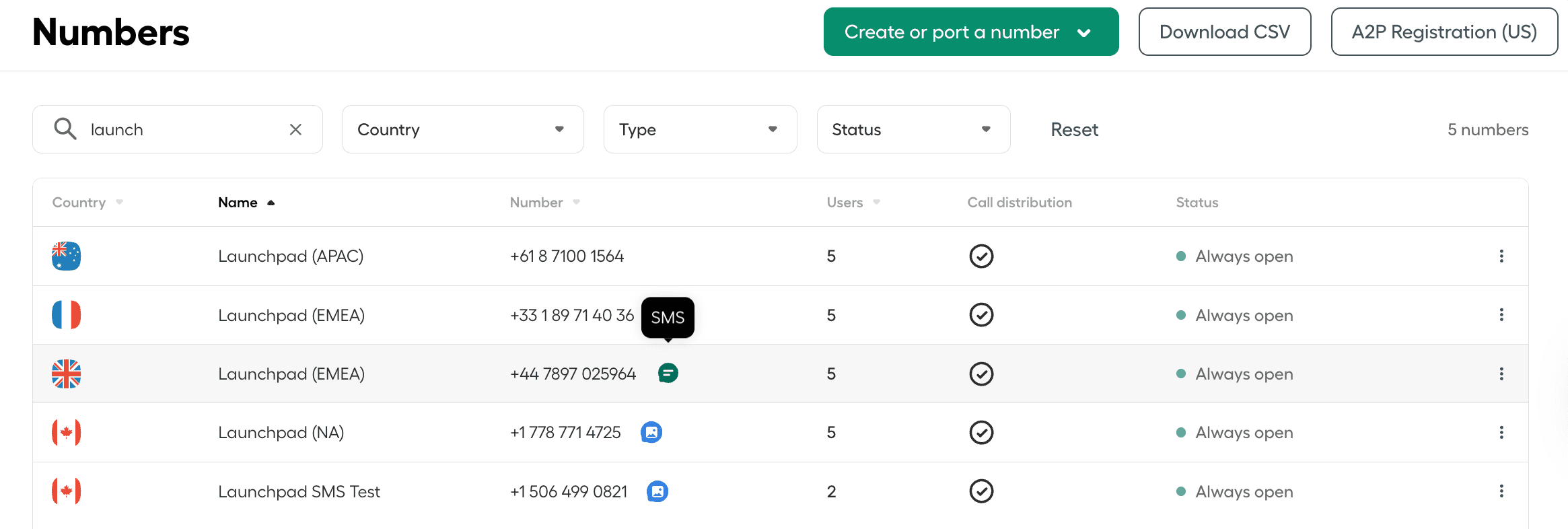 Aircall Admin Dashboard with opened Number section to see which numbers are SMS capable.png
