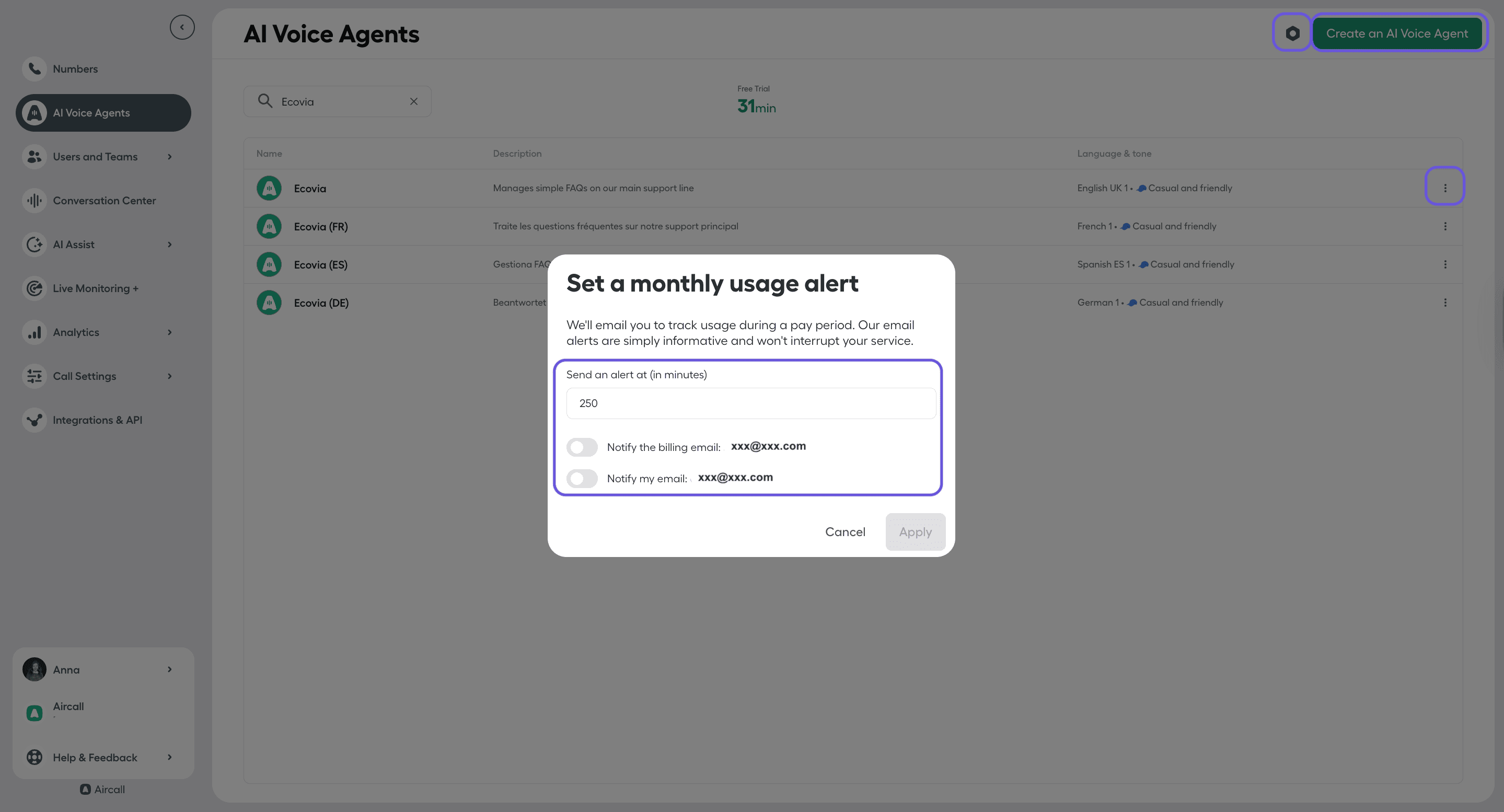 Aircall Dashboard showing AI Voice Agents list with a popup to set a monthly usage alert by minutes and email notifications..png