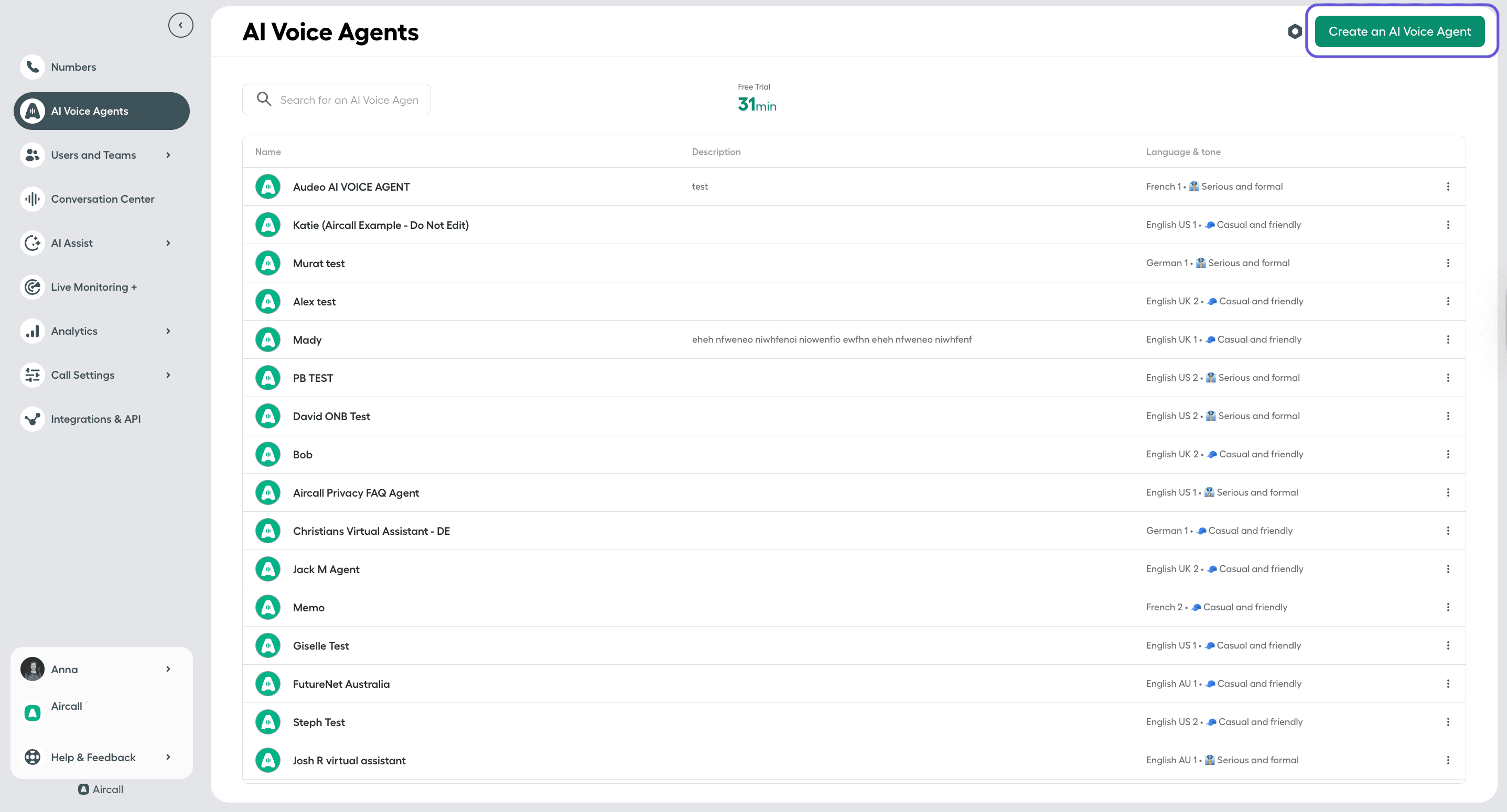 Aircall “AI Voice Agents” dashboard showing a list of created voice agents with their names, descriptions, and language tones. A green “Create an AI Voice Agent” button is highlighted in the top-right corner..png