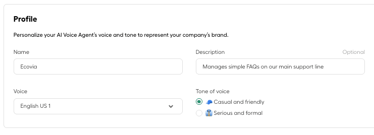 AI Voice Agent profile settings showing name, description, voice selection, and tone options for casual or formal style.