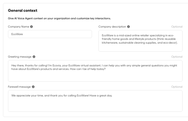 AI Voice Agent general context form showing company name, description, greeting message, and farewell message fields for customization.