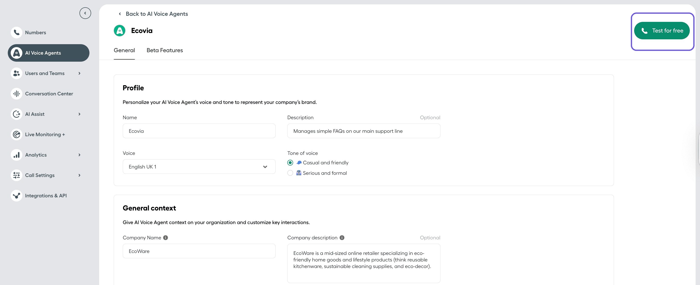 Aircall AI Voice Agent settings page for Ecovia showing profile, company context, and a “Test for free” button highlighted.png