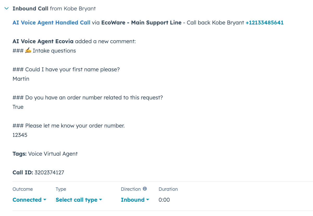 Inbound call record handled by AI Voice Agent Ecovia for EcoWare’s main support line, showing intake responses from caller Martin who provided order number 12345..png