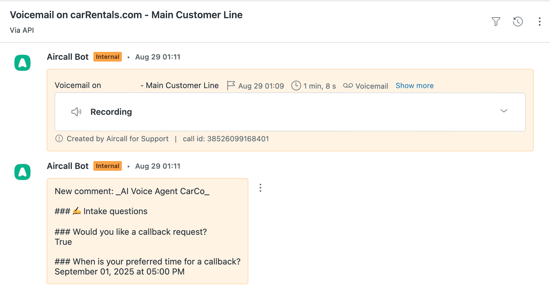 Zendesk ticket showing a voicemail from Aircall Voice agent with a callback request scheduled for September 1, 2025, at 5:00 PM.png
