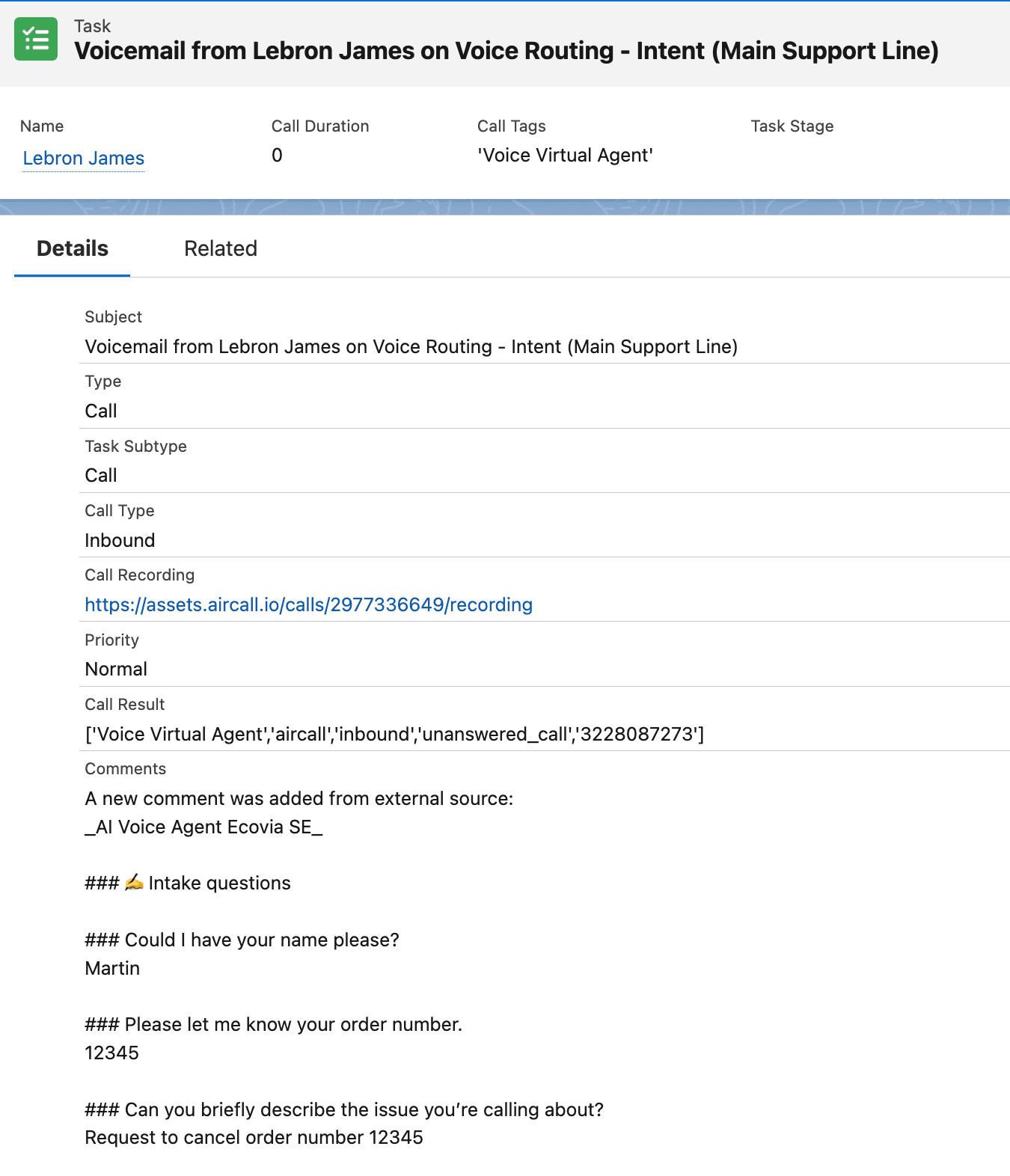 CRM task showing a voicemail from Lebron James handled by AI Voice Agent Ecovia SE, where caller Martin requested to cancel order number 12345.png