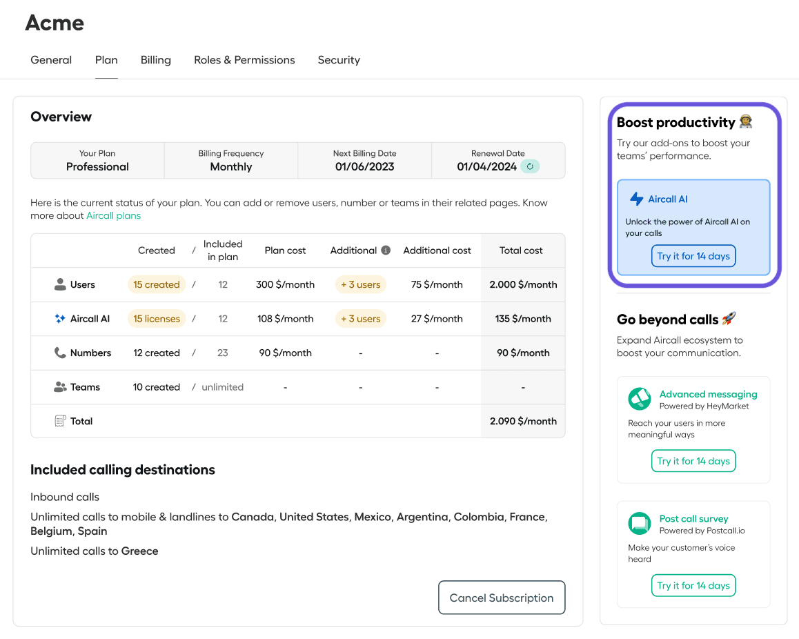 Subscription plan page for the company “Acme” in Aircall, showing the Professional plan with details on users, AI licenses, numbers, and costs, along with sidebar options promoting add-ons like Aircall AI, Advanced Messaging, and Post Call Survey..png