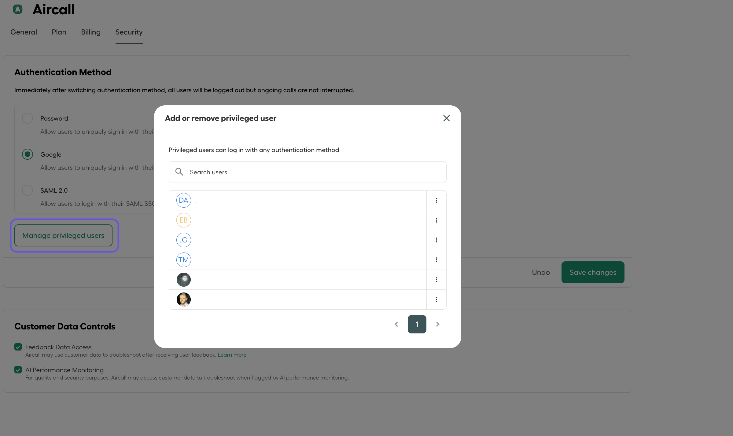 Aircall security settings screen showing the “Add or remove privileged user” pop-up. The window lists users who can log in with any authentication method, alongside a search bar and pagination control. The background shows the “Manage privileged users” button highlighted under the Google authentication option..png