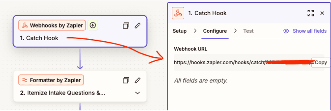 Zapier Catch Hook setup displaying webhook URL configuration..png