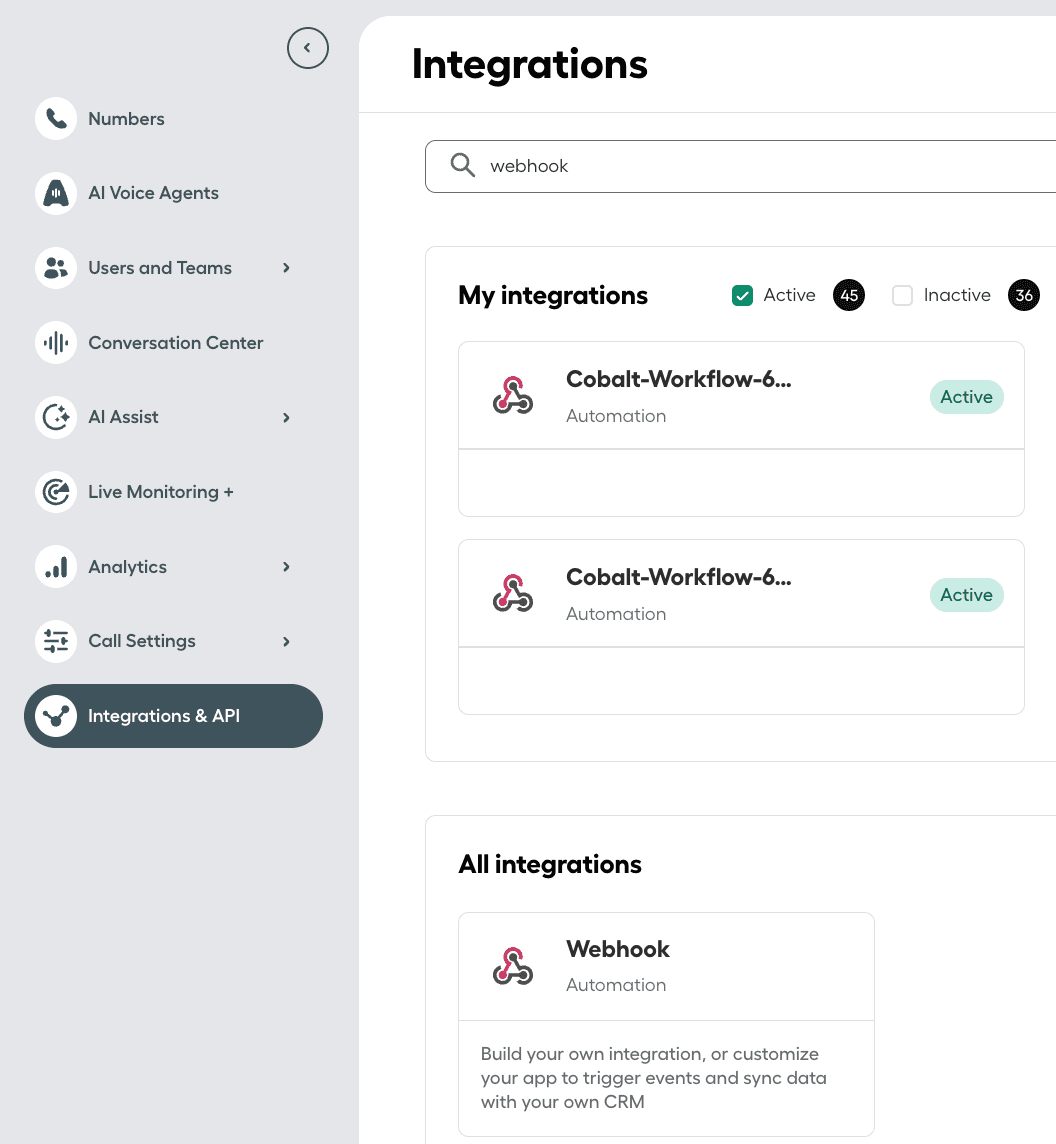 Aircall Integrations page showing active webhook automations..png