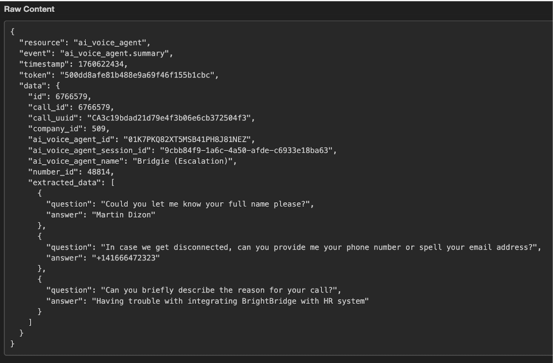 Raw JSON payload showing AI Voice Agent summary event data with caller details..png