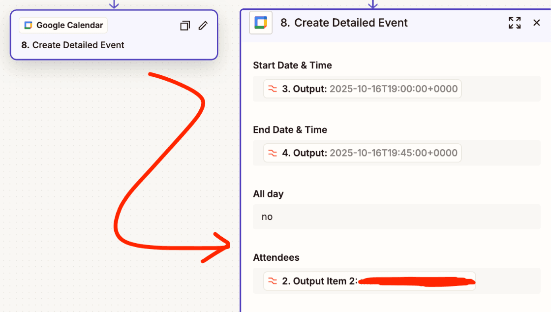 Google Calendar action creating detailed event with attendees and time..png