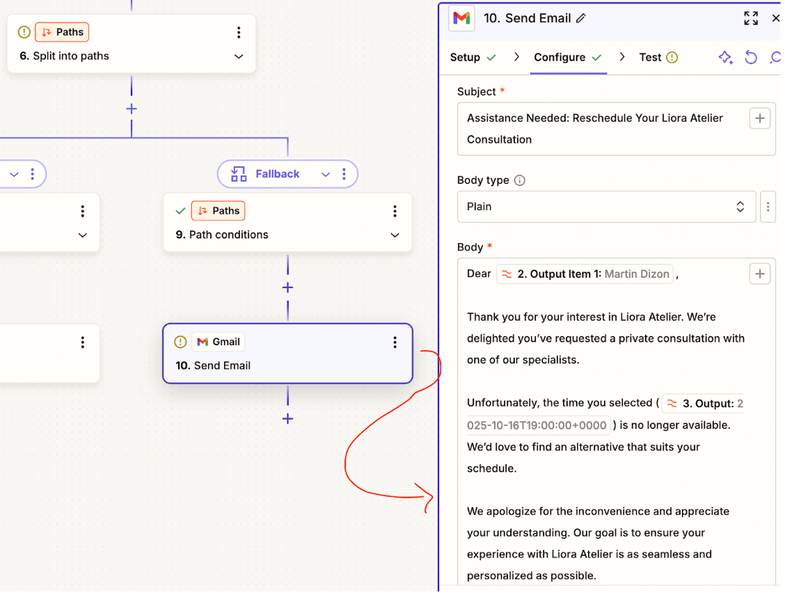 Gmail step sending reschedule email for unavailable consultation slot..png