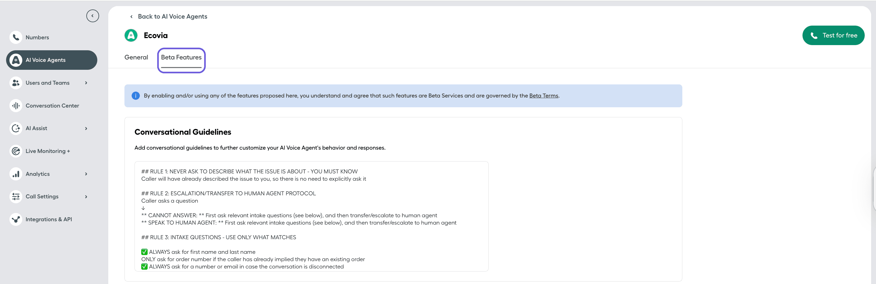 AI Voice Agent Ecovia settings with conversational guidelines in Beta Features tab..png