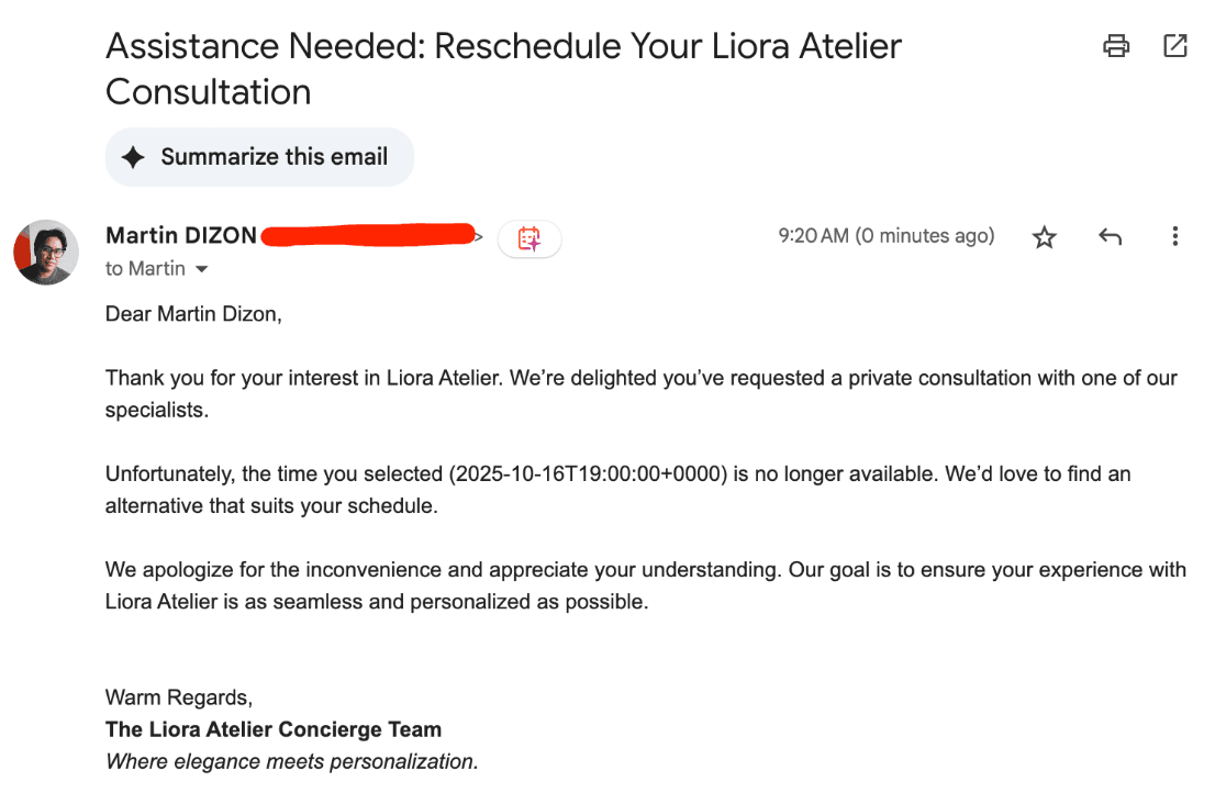 Reschedule notification email for Liora Atelier consultation.png