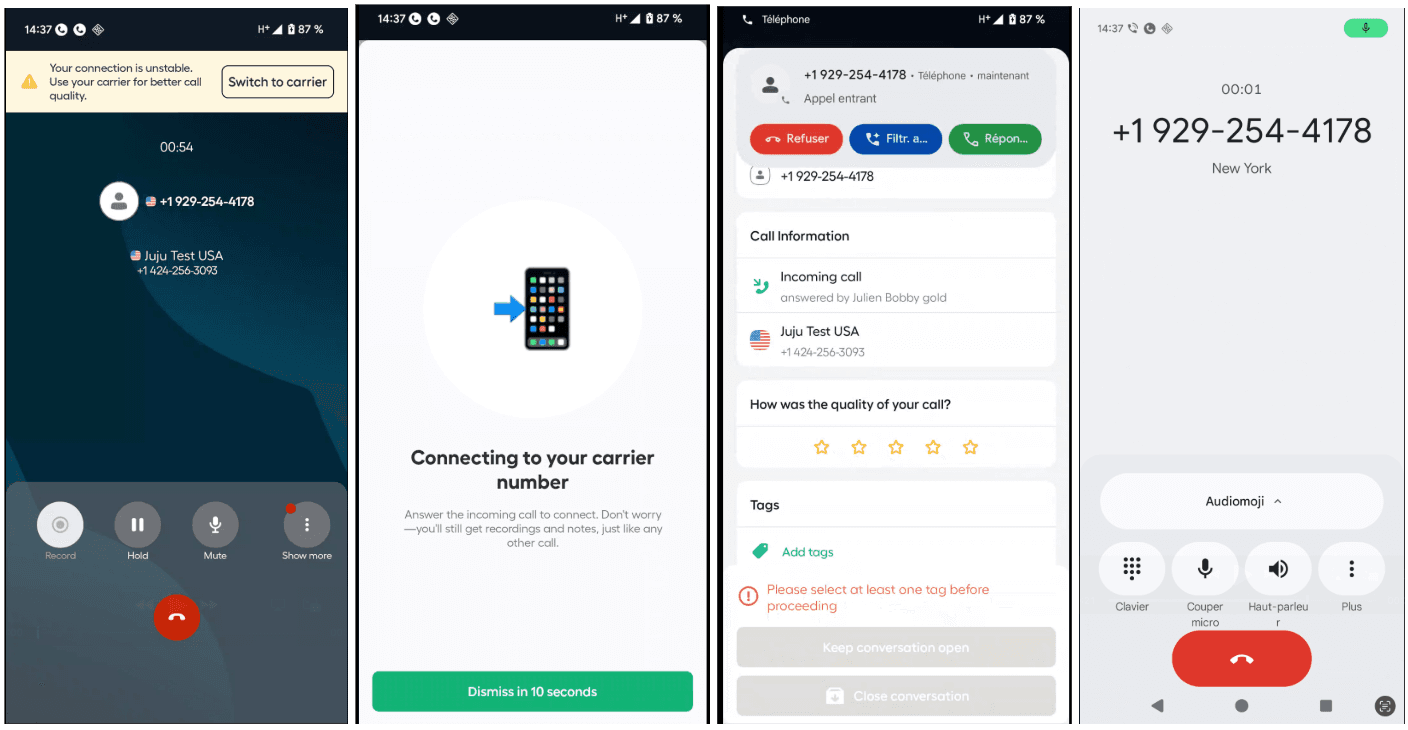 Four screenshots of Aircall mobile app showing unstable connection warning, carrier connection screen, call information with rating and tags, and active call interface..png