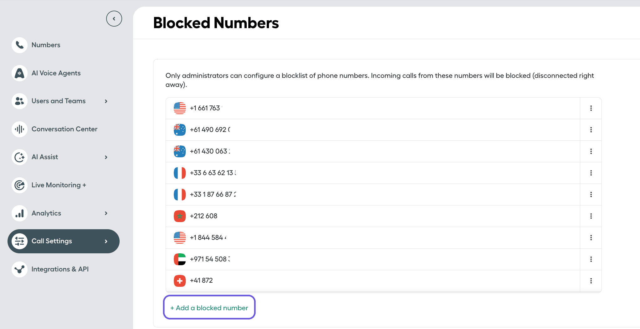 Blocked Numbers list in Aircall Call Settings with option to add a blocked number.png