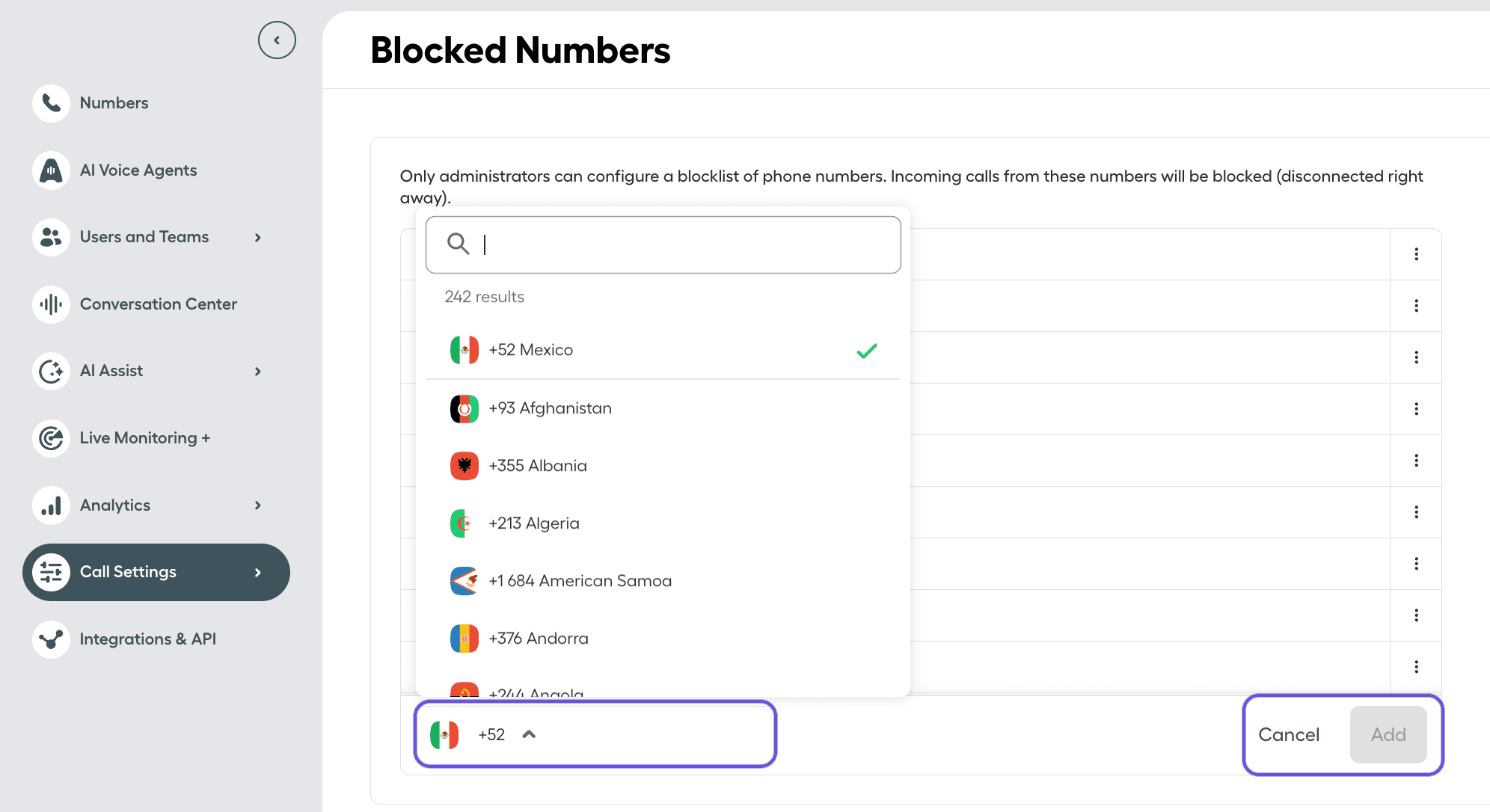 Adding a blocked number in Aircall with country code selector and Add button..png