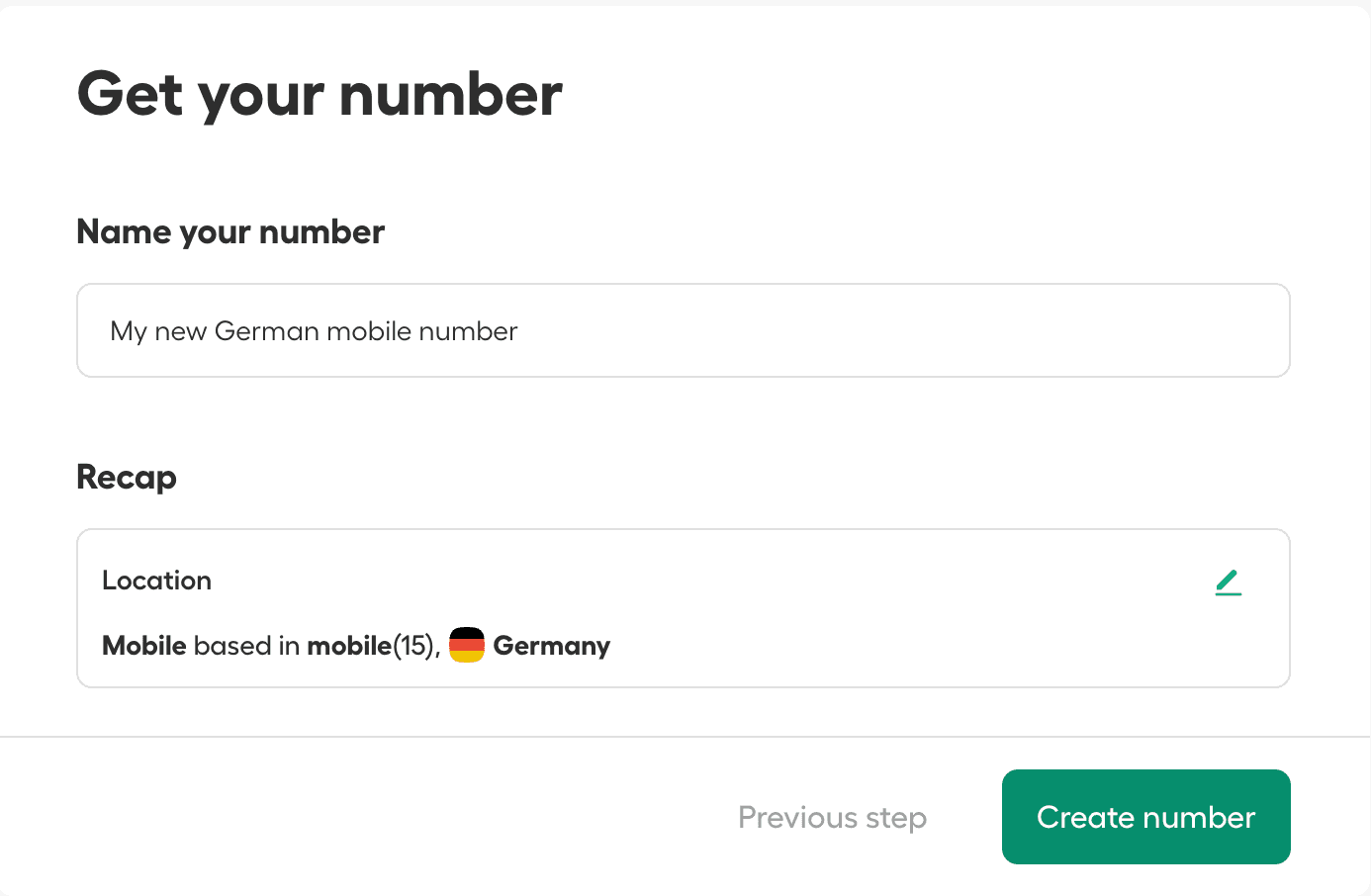 Aircall number creation screen showing fields to name the number and a recap of location details before creating it.