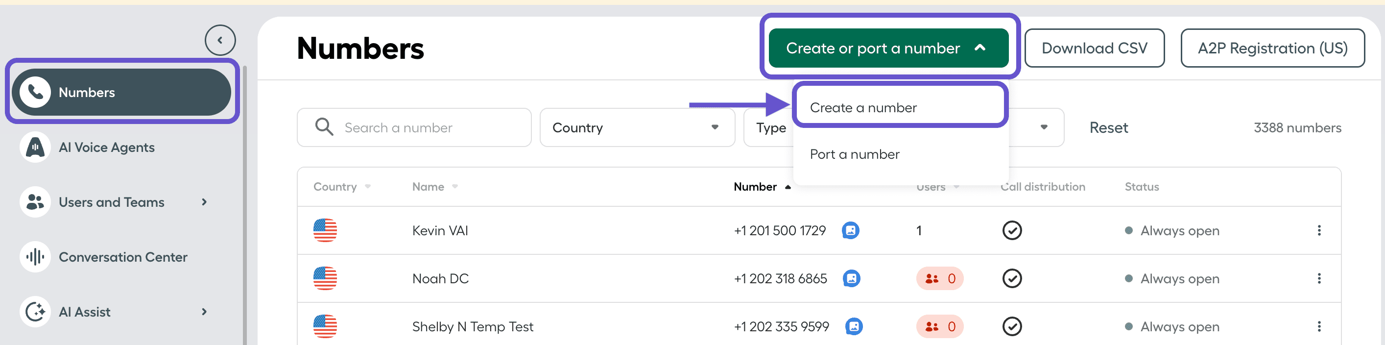 Aircall dashboard Numbers section showing the “Create or port a number” menu with “Create a number” selected.