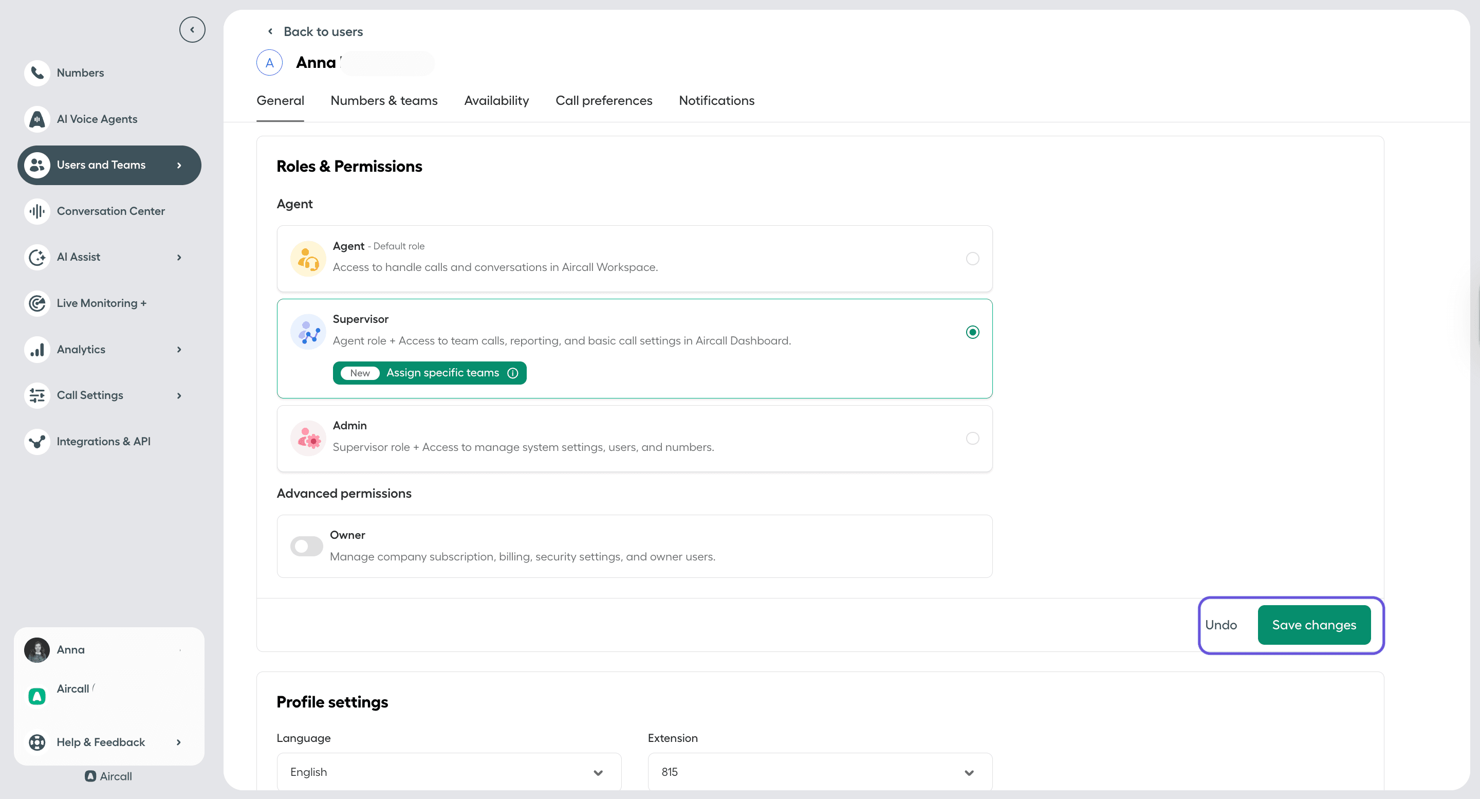 Edit user roles and permissions in the Aircall dashboard with Supervisor role selected and Save changes option.png