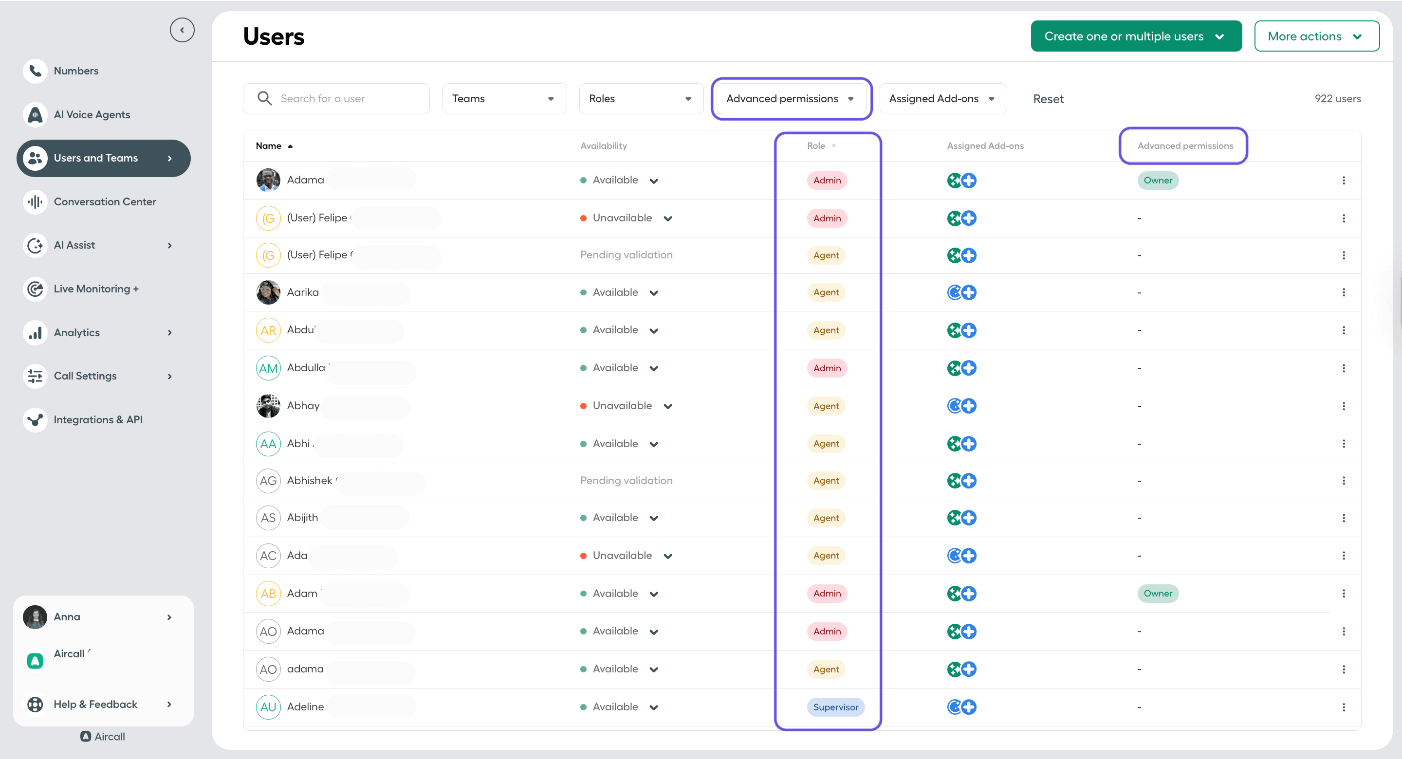 Users list in the Aircall dashboard showing roles, advanced permissions, and assigned add-ons..png