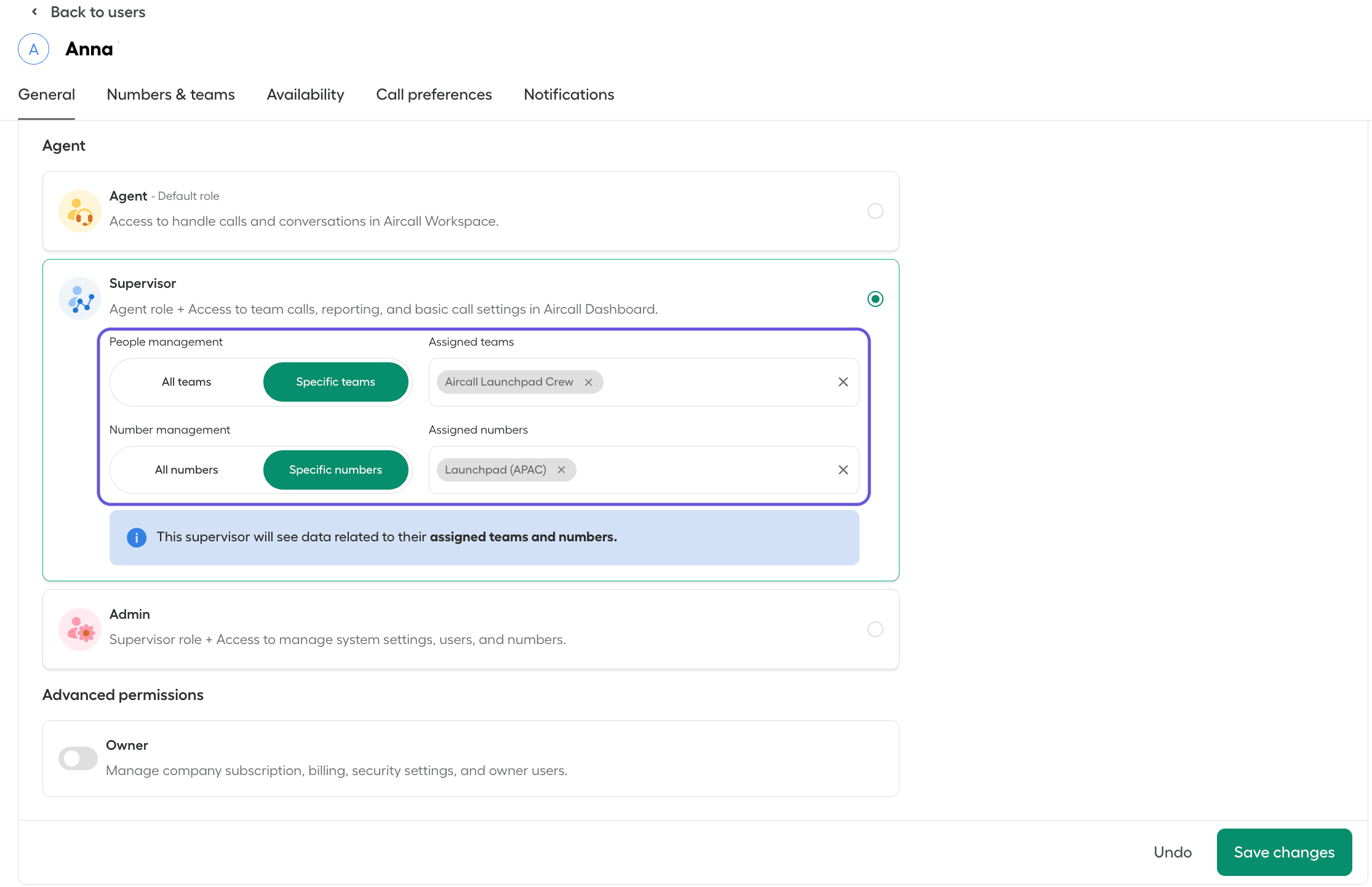 Edit user permissions in the Aircall dashboard with Supervisor role and specific teams and numbers assigned..png