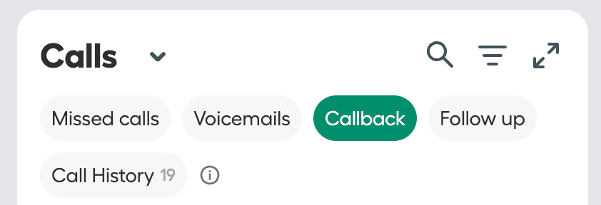 Calls tab in the Aircall dashboard highlighting the Callback filter option.