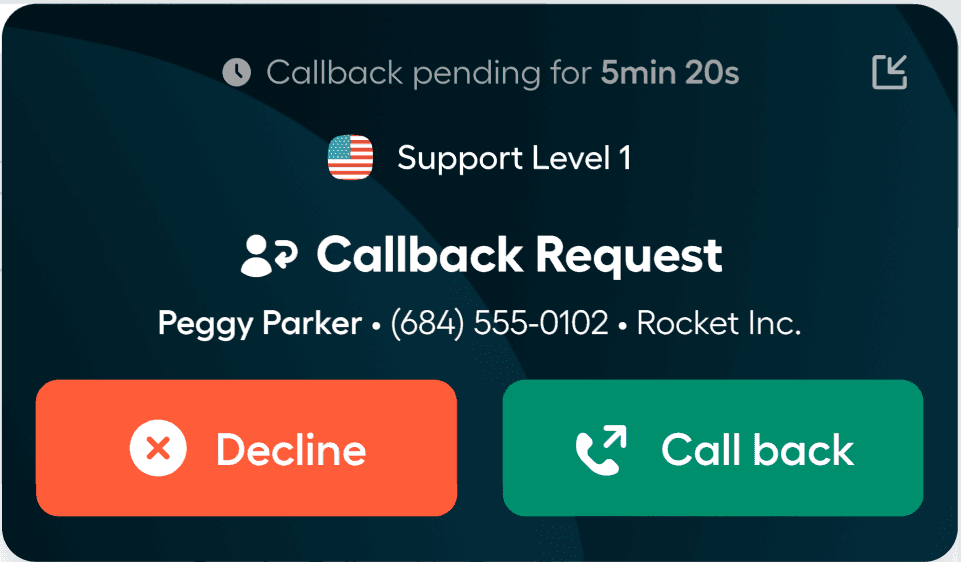 Callback request card in the Aircall dashboard showing caller details and Decline or Call back options.
