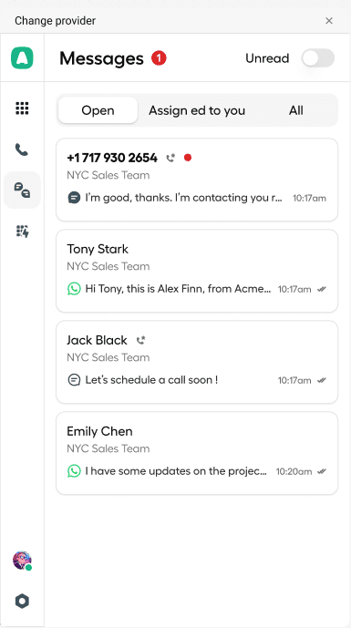 Messages view in the Aircall desktop app displaying recent SMS and WhatsApp conversations..png